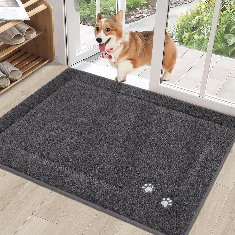 32x48 Dark Grey Embroidered Dog Paw Prints Mud Rug for Dogs