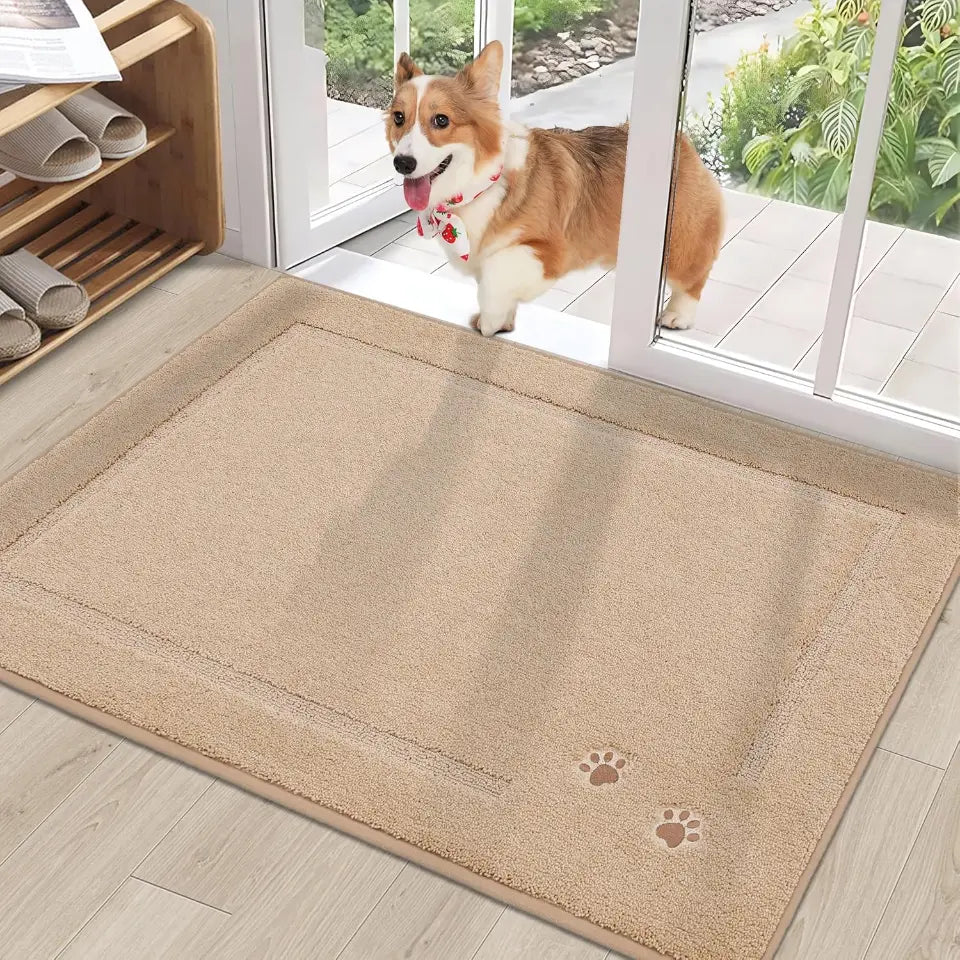 32x48 Taupe Embroidered Dog Paw Prints Mud Rug for Dogs