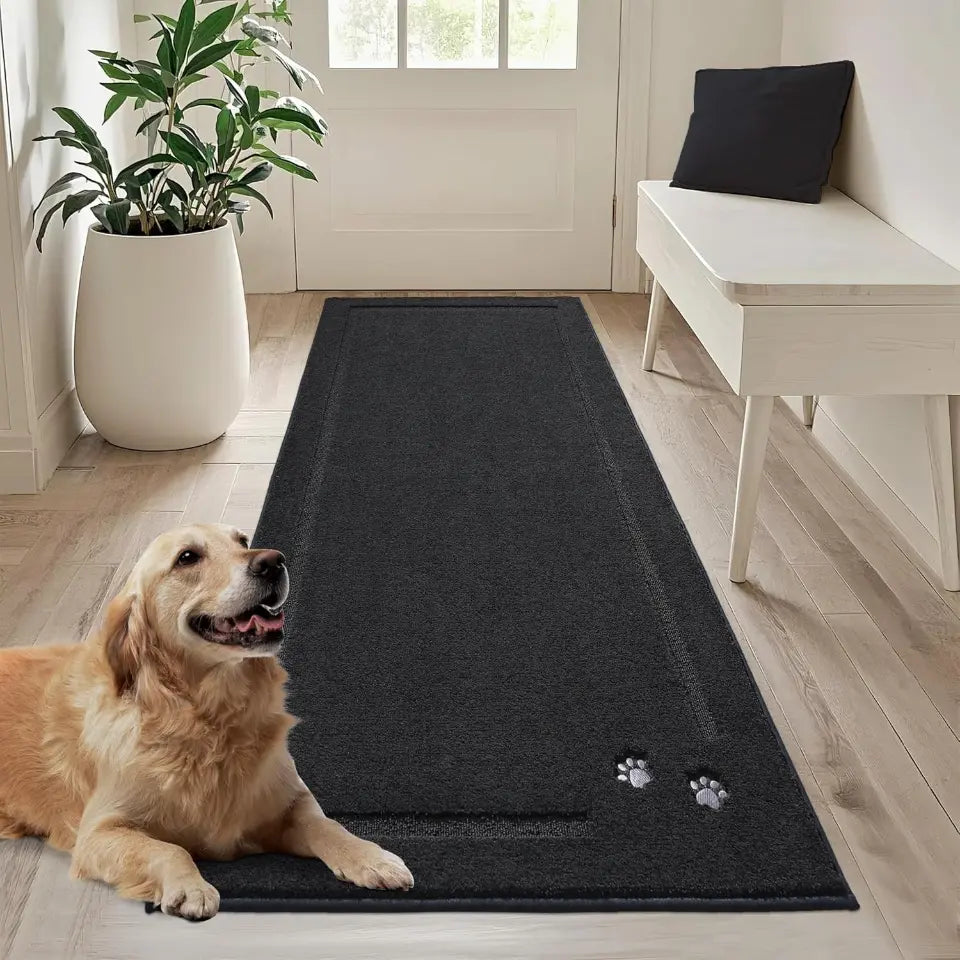 32x70 Black Embroidered Dog Paw Prints Mud Rug for Dogs