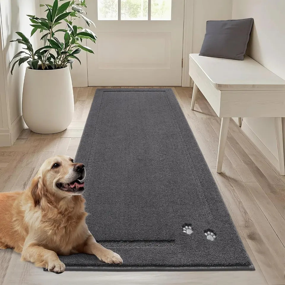 32x70 Dark Grey Embroidered Dog Paw Prints Mud Rug for Dogs