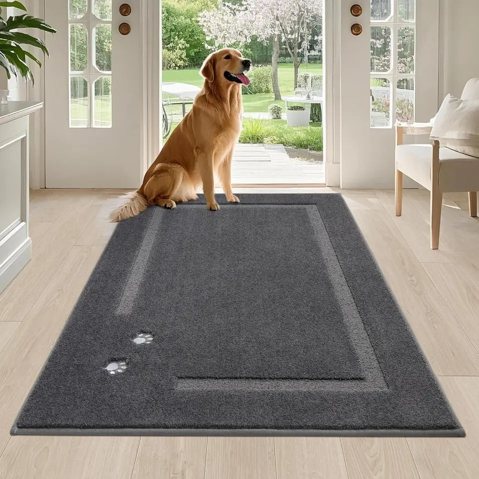 36x60 Dark Grey Embroidered Dog Paw Prints Mud Rug for Dogs