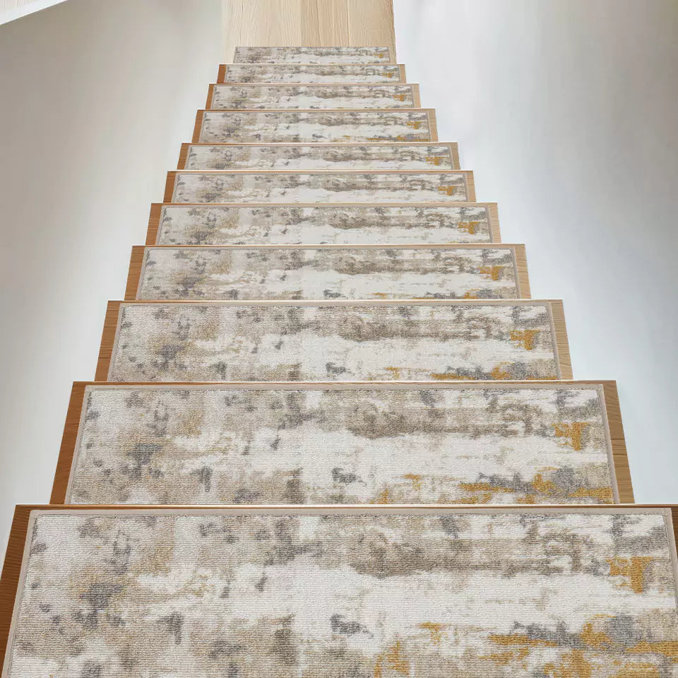 Beige and Grey Floral Patterns Carpet Stair Treads Set on Stairway