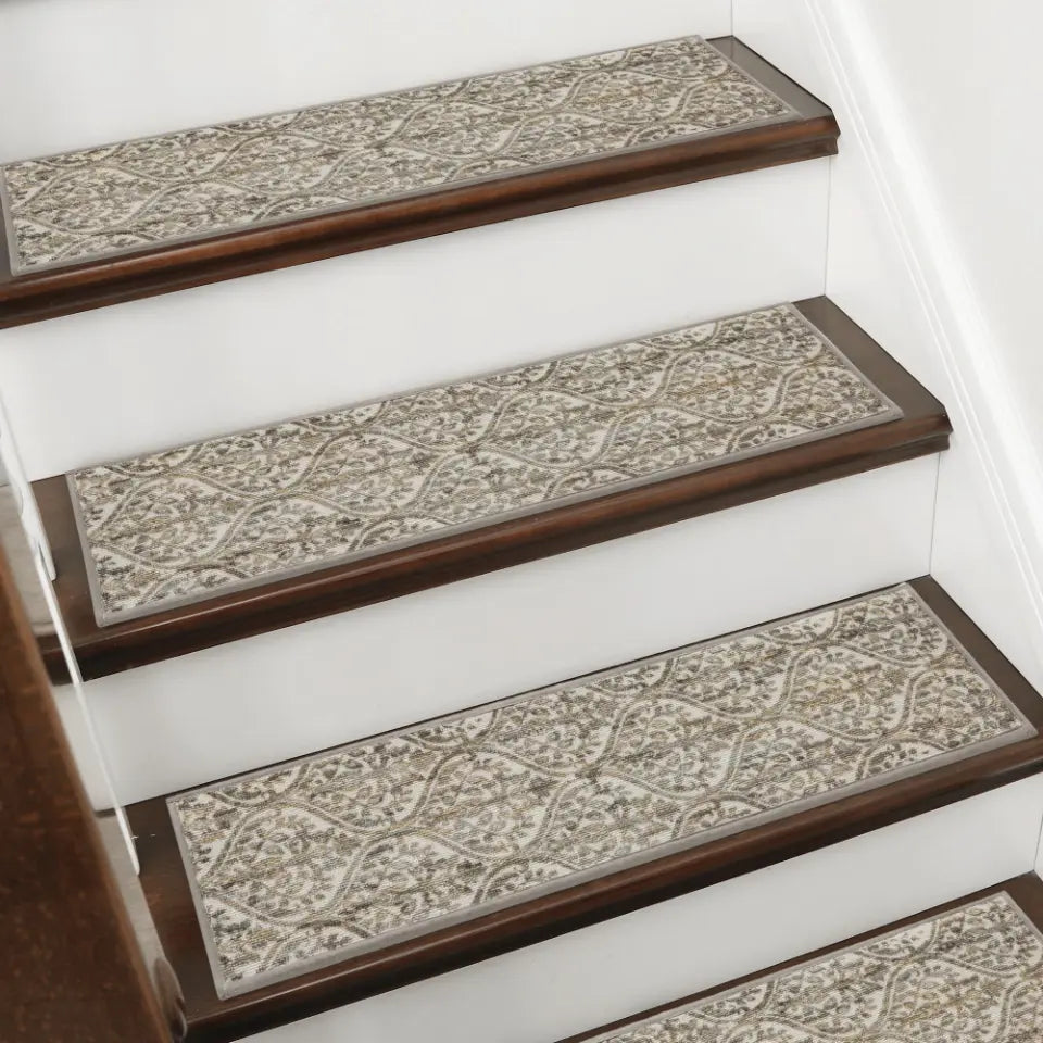 Beige and Malt Yellow Floral Patterns Stair Mats Set