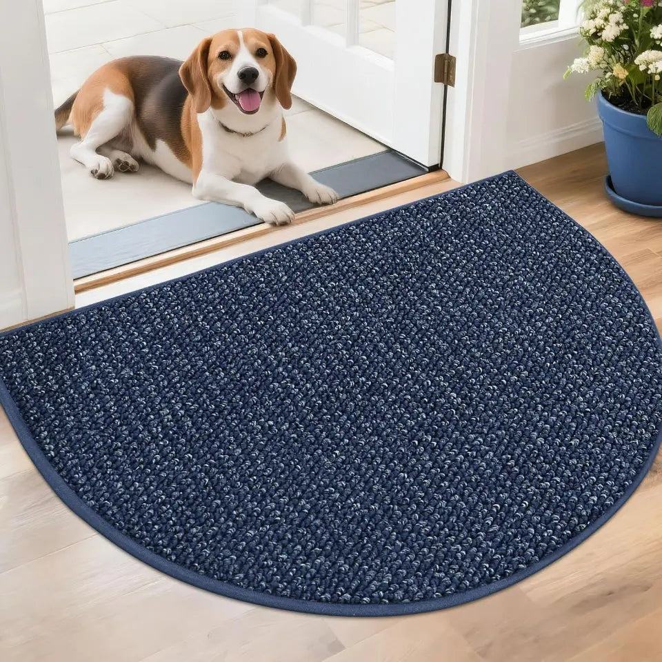 Dog standing on a blue doormat with a wooden floor and white door in the background