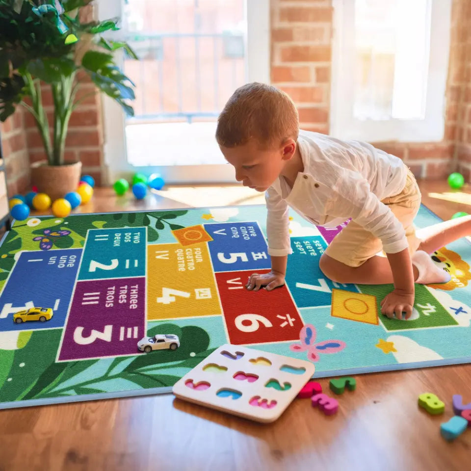 Boy Playing on Hopscotch Game Rug