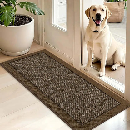 Dog sitting on a doormat at the entrance of a home with a plant nearby.
