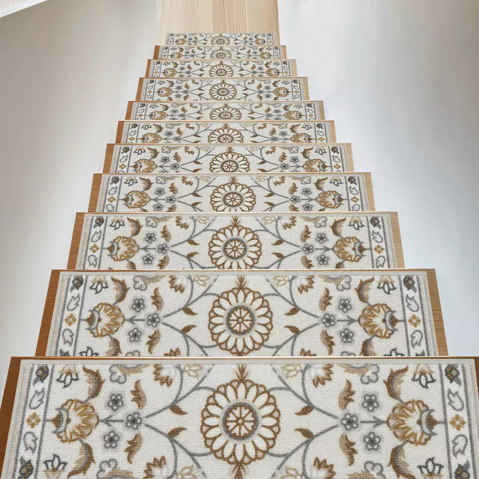 Brown and Grey Floral Stair Carpet Set on Staircases