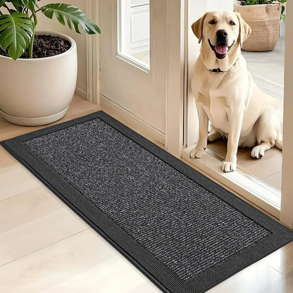 Dog sitting on a threshold with a charcoal doormat in front