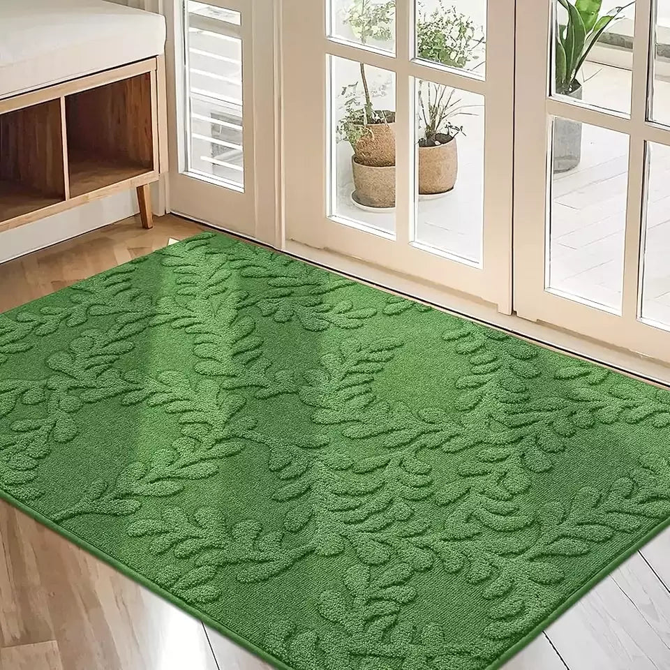 Green Prominent Embossed Leaf Stylish Door Mats