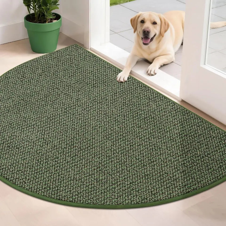 Green circular rug on a floor with a dog sitting on a step in the background