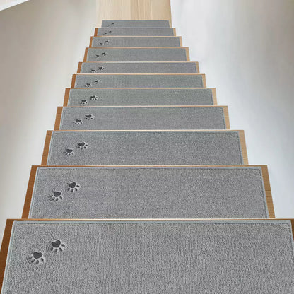 Grey Embroidered Dog Paw Prints Stair Corner Mat on Steps
