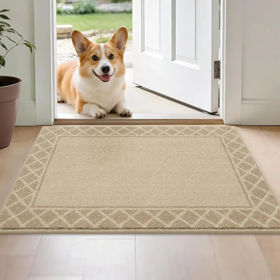 Corgi dog standing on a doormat at the entrance of a house