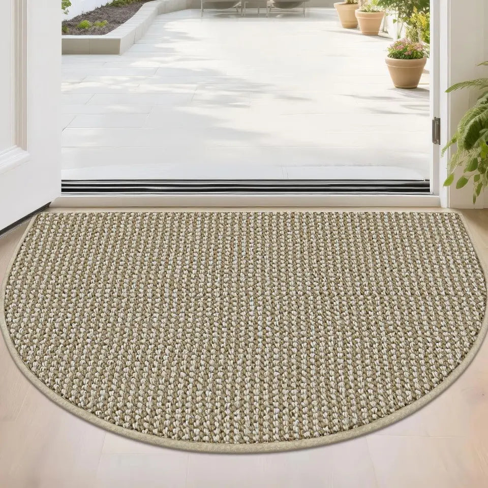 Round woven mat on a light-colored floor with a sliding glass door in the background.