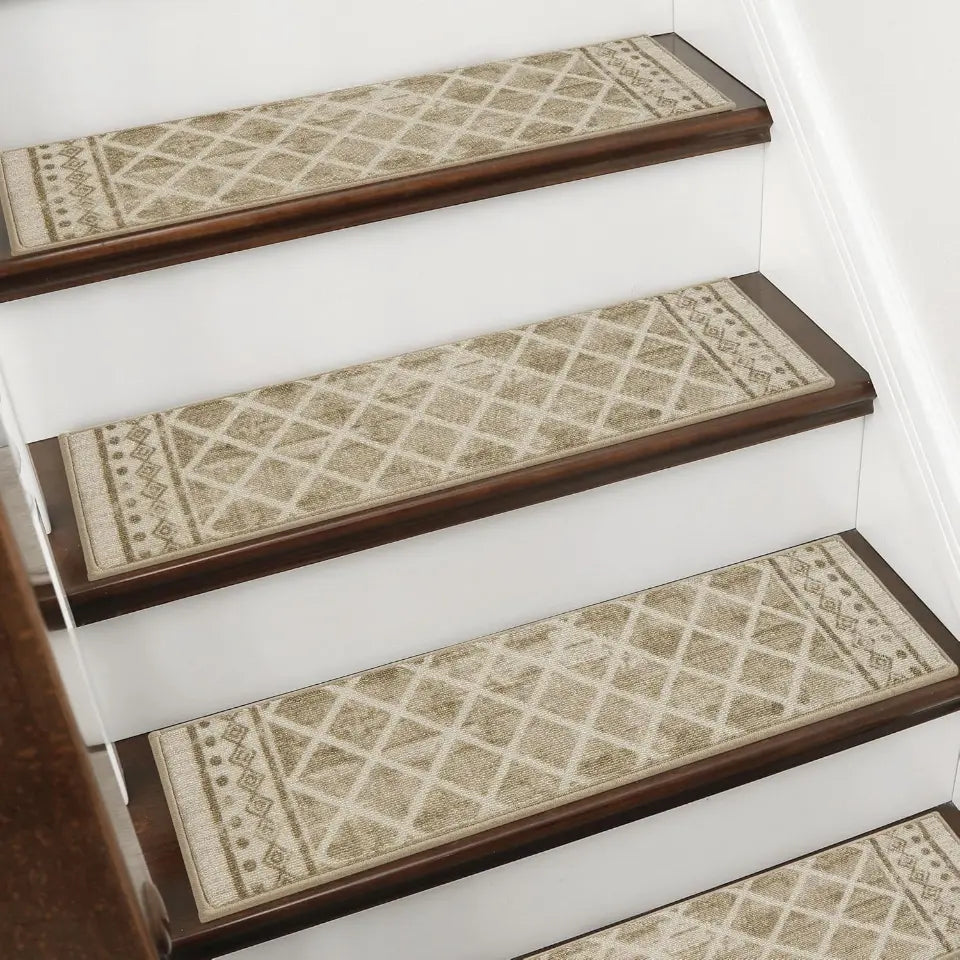 Staircase with patterned stair runners on wooden steps