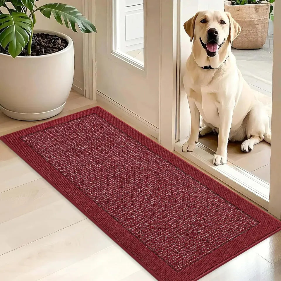 Dog sitting on a red doormat inside a house with a plant in the background.