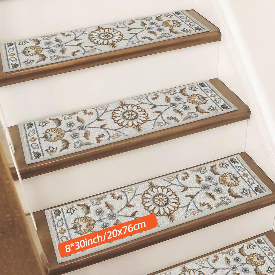 Size of Brown and Grey Floral Patterns Carpet Stair Treads Set