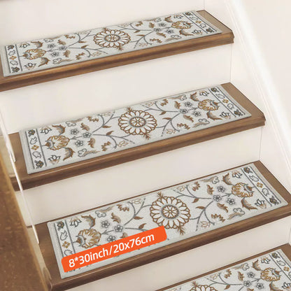 Size of Brown and Grey Floral Patterns Carpet Stair Treads Set