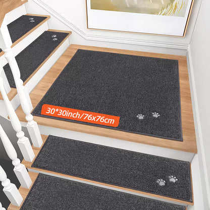 Size of Dark Grey Embroidered Dog Paw Prints Stair Corner Mat