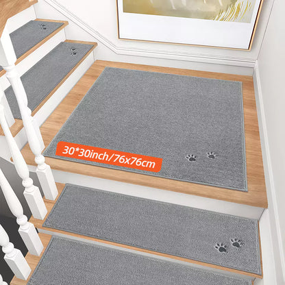 Size of Grey Embroidered Dog Paw Prints Stair Corner Mat