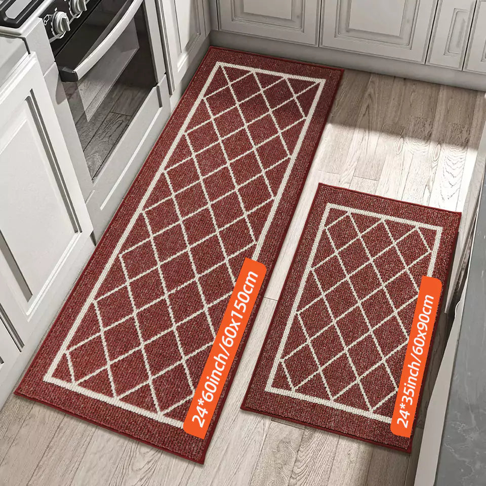 Size of Red Large Diamond Lattice Center Kitchen Throw Rugs Set