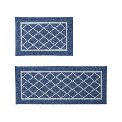 Small Blue Geometric Kitchen Rugs Set