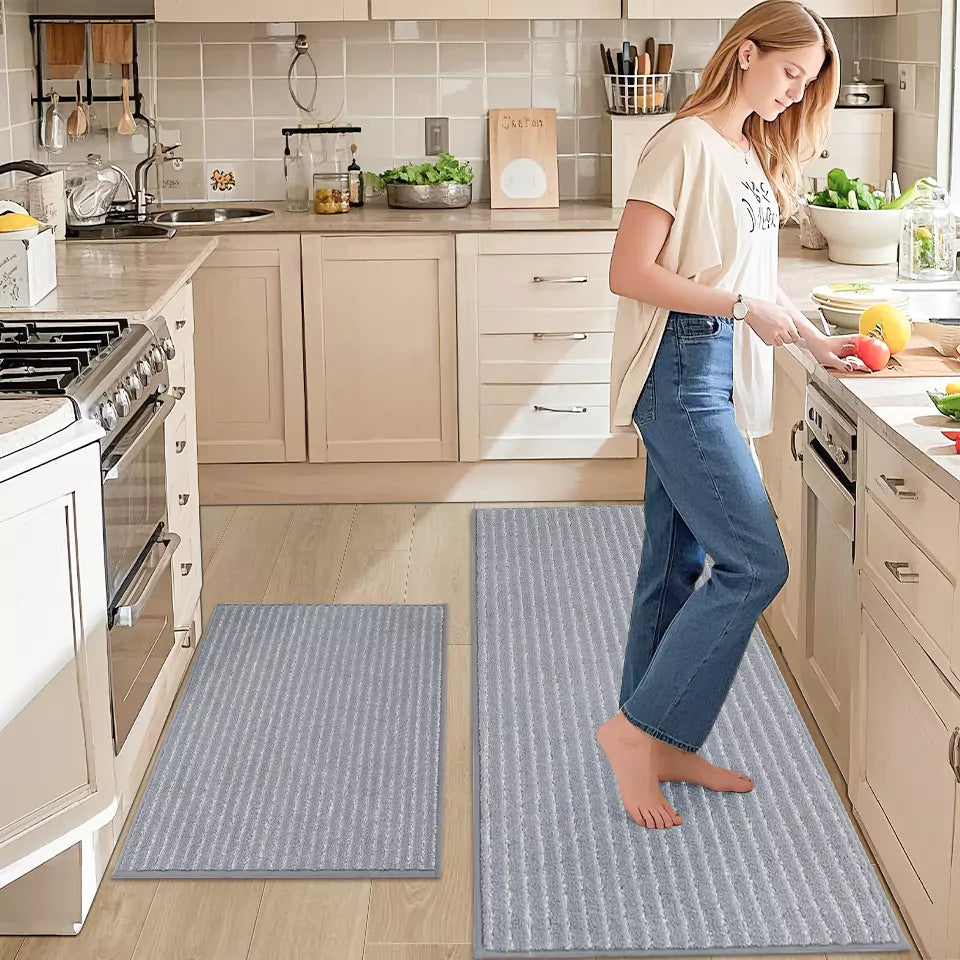 Woman Cooking while Standing on Stripped Non Slip Kitchen Rugs Runner Before Sinks